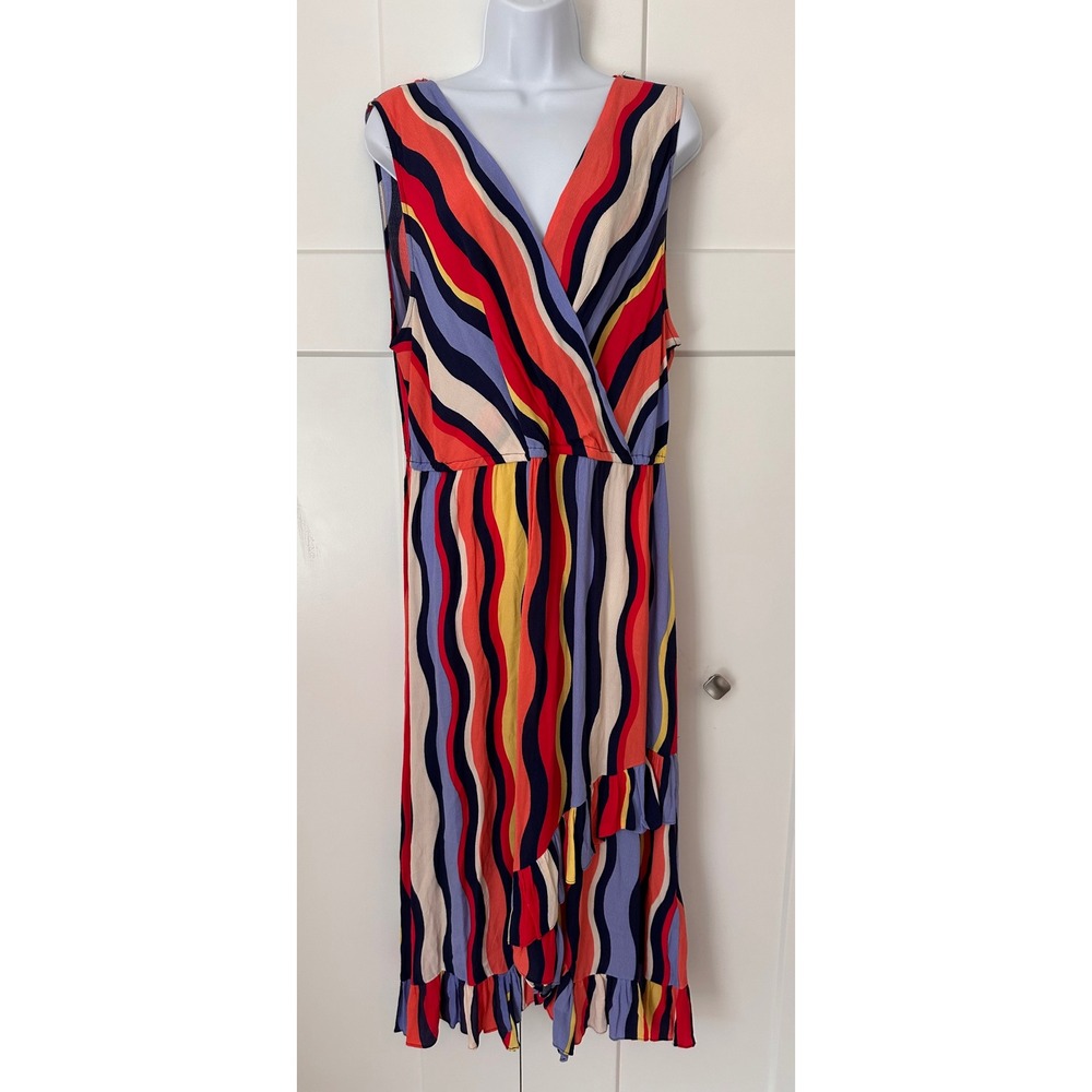 Anthropologie Plenty by Tracy Reese Daphne Wavy Stripe Ruffle Midi Dress Red  XL